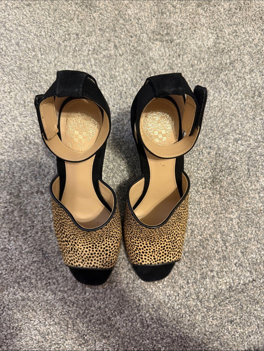 Vince Camuto Leopard-Print Ankle-Strap Heels in Tan & Black